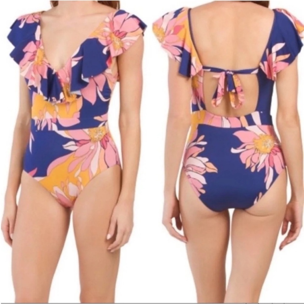 Trina Turk Breeze Ruffle Plunge One-Piece Swimsuit, Retro Multi-Color NWT, 6